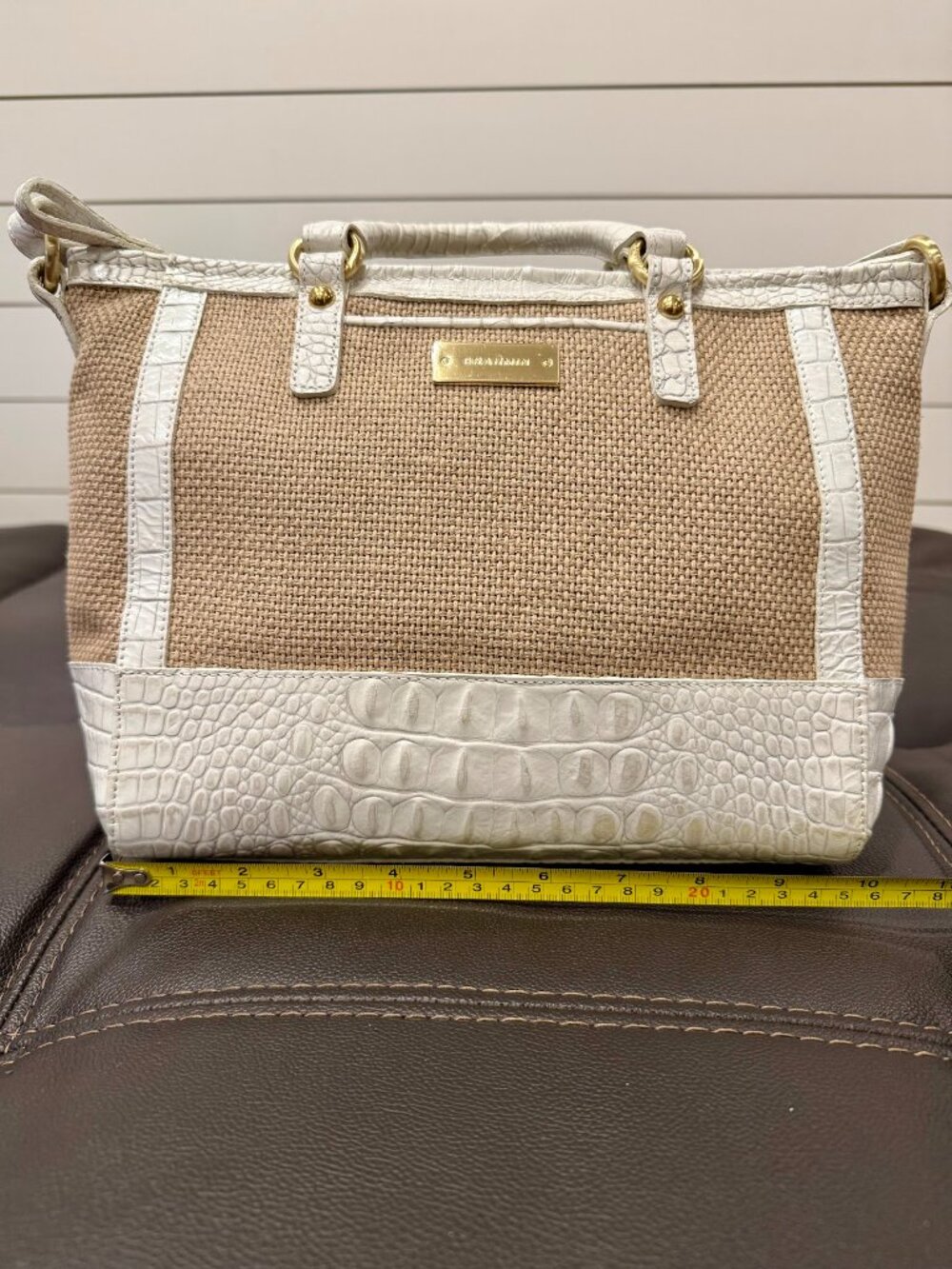 Brahmin White Croc Embossed Leather & Woven Straw Satchel Shoulder Bag - Picture 10 of 16